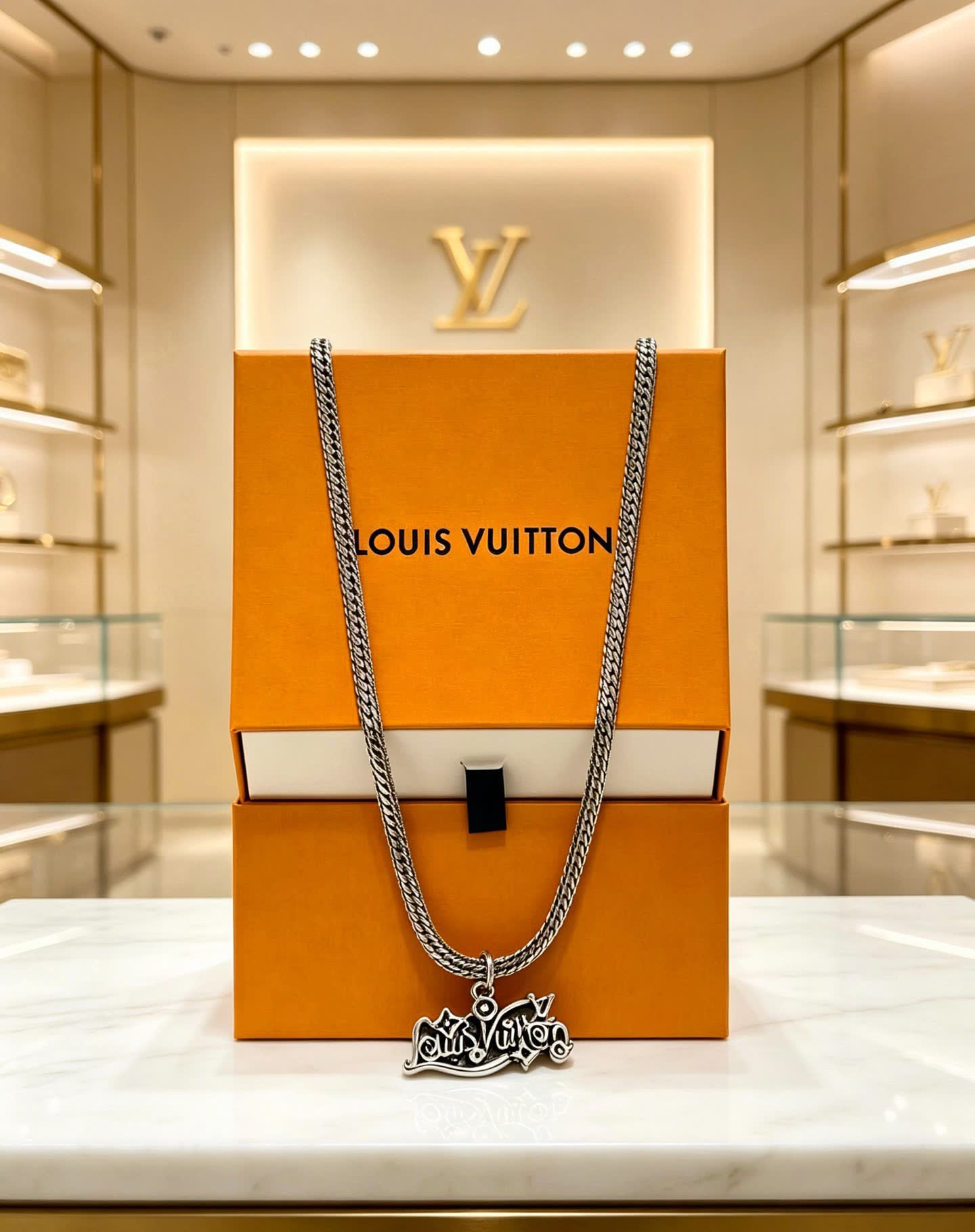 Louis Vuitton Silver Chain with Logo Pendant
